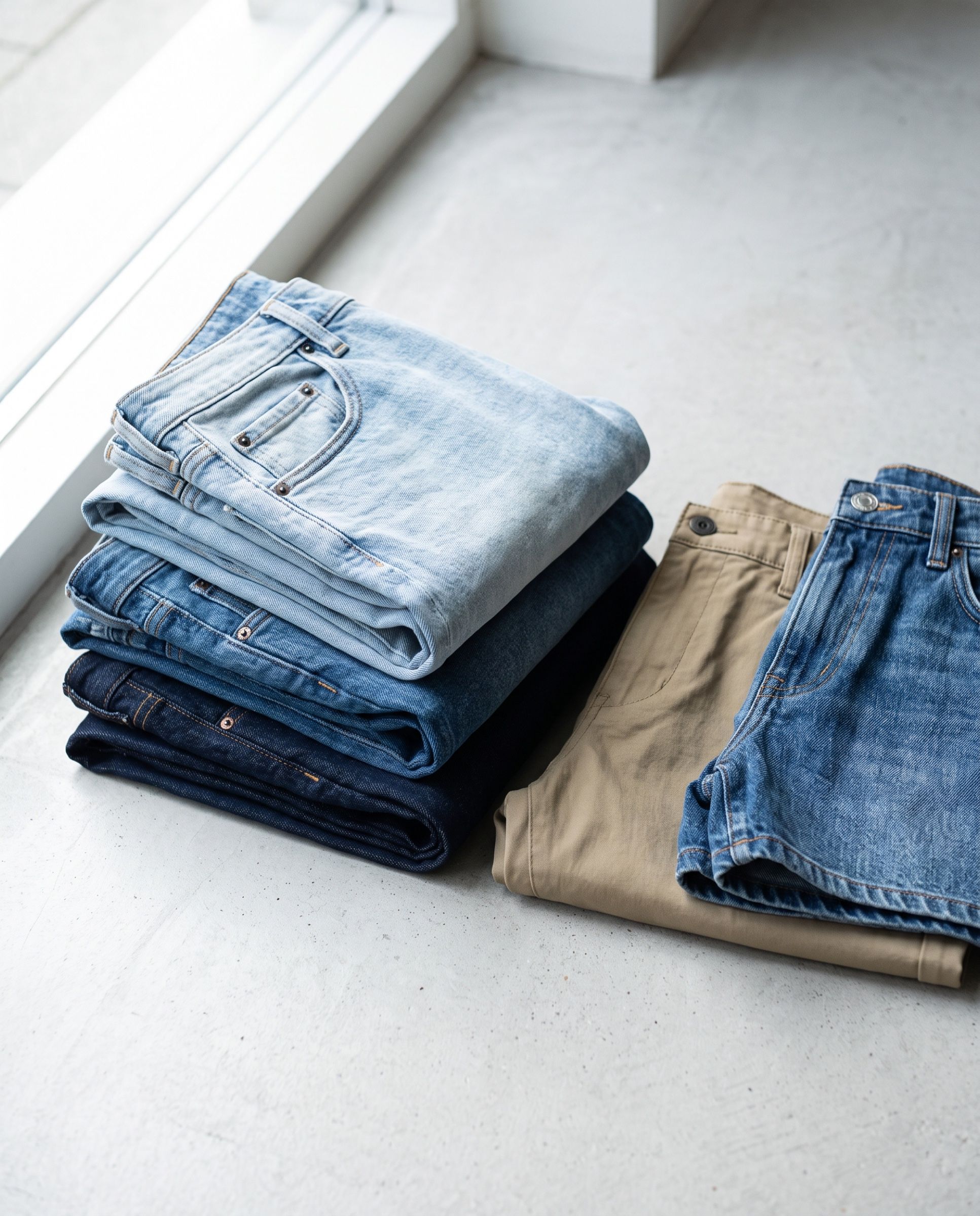 Folded denim jeans in light, mid and dark wash beside khaki chinos and denim shorts