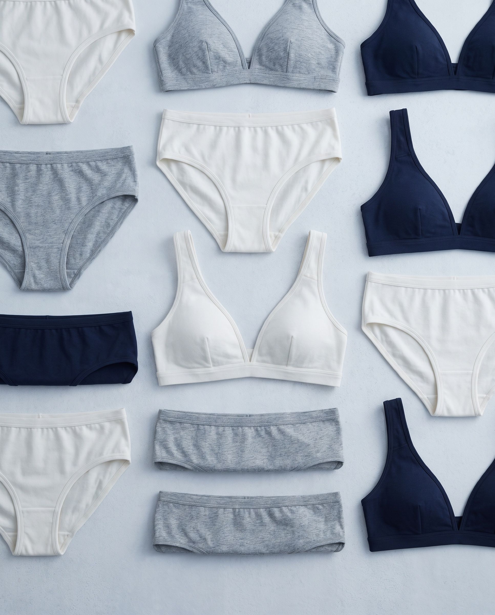 Cotton briefs and bras in white, grey and navy
