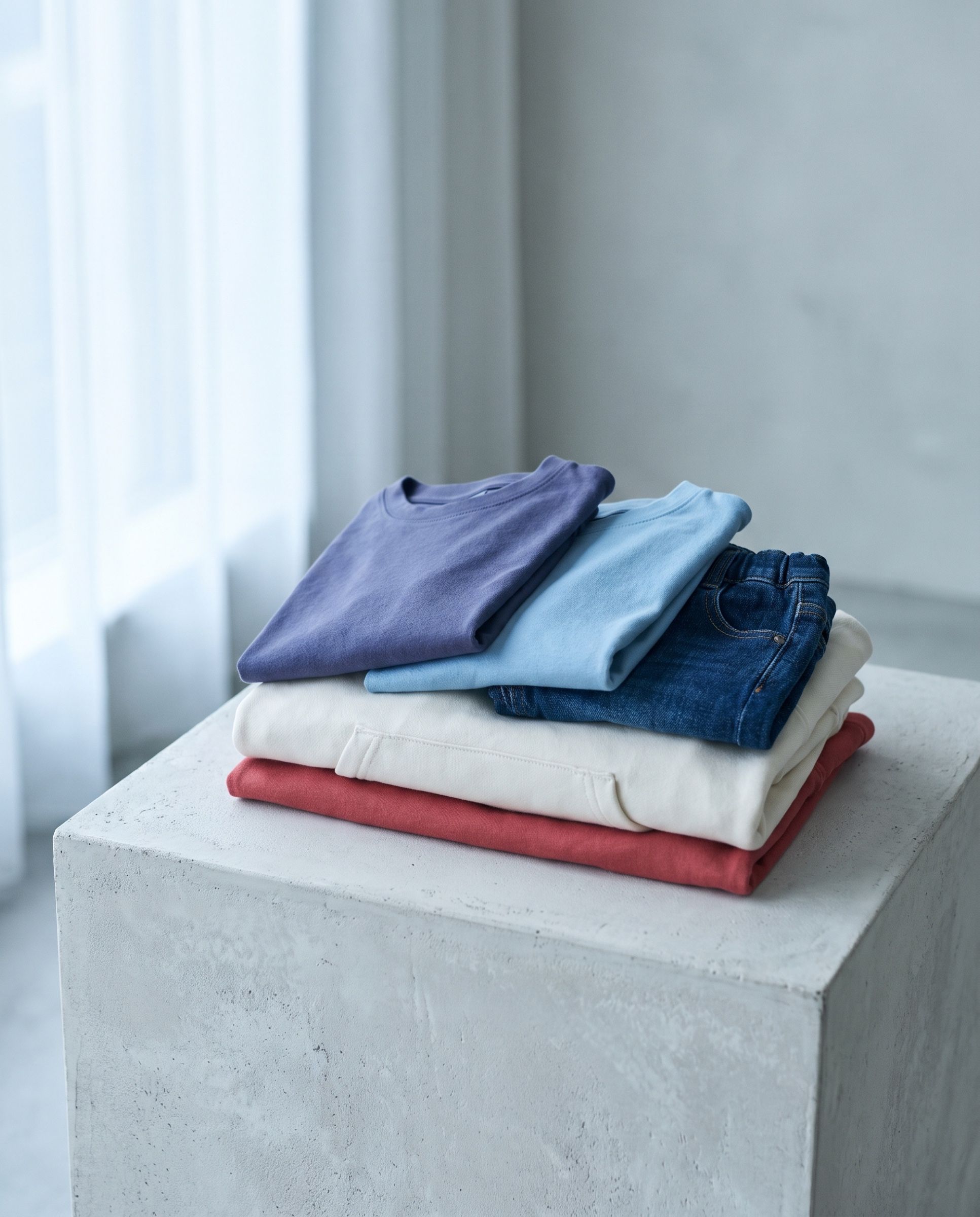 Folded children's t-shirts and denim shorts