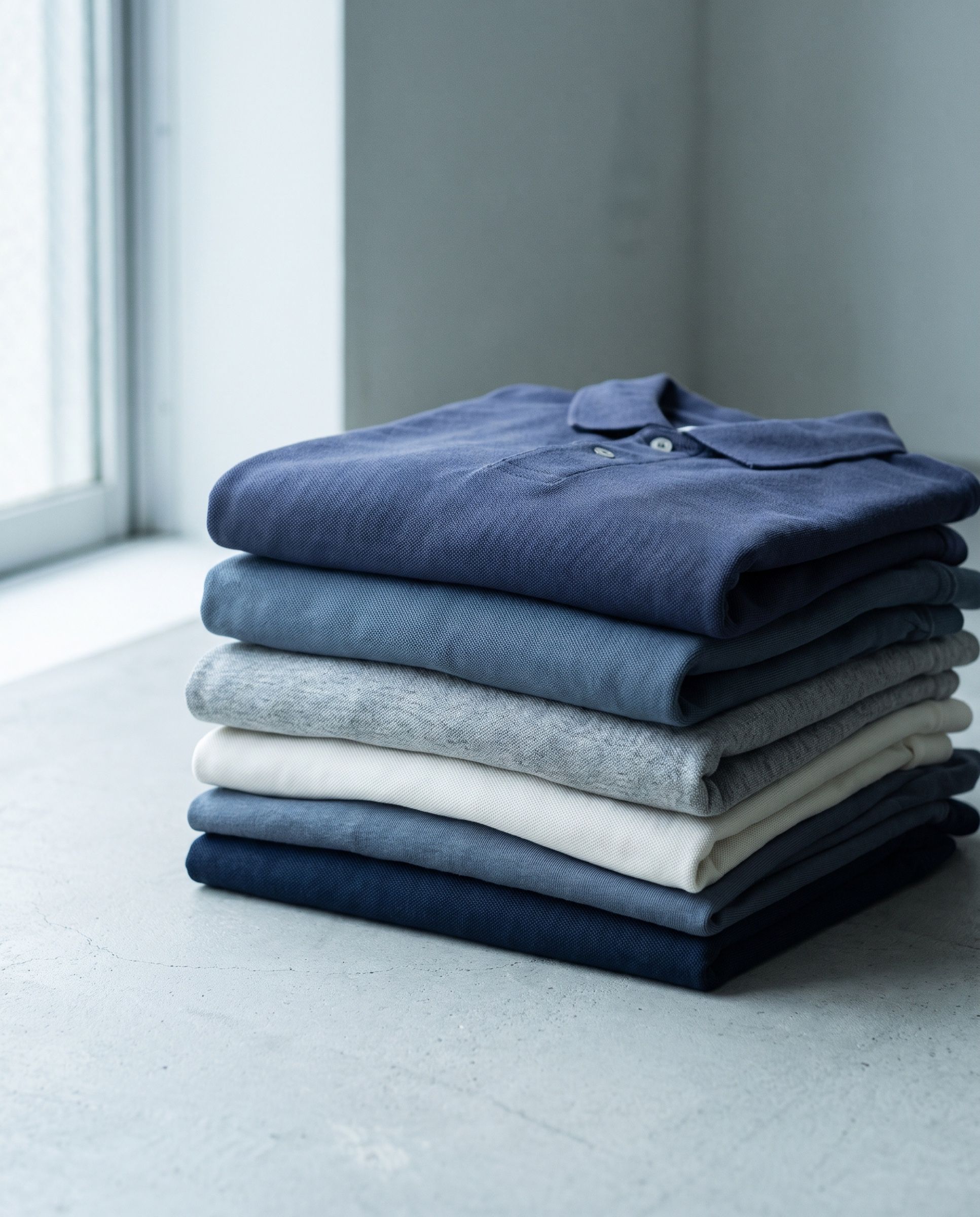 Folded polo shirts in navy, blue, grey and white